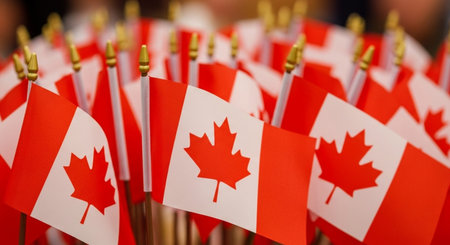 Canada flags on a stick. Close-up. Selective focus.