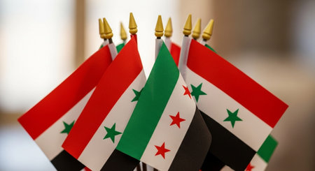 Flag of Syria in a row. Close-up. Selective focus.の写真素材