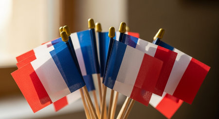 Flag of France on wooden sticks. Close up. Selective focus.の写真素材