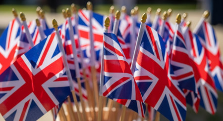 Row of Union Jack flags on a sunny day. Great Britain, United Kingdom.の写真素材