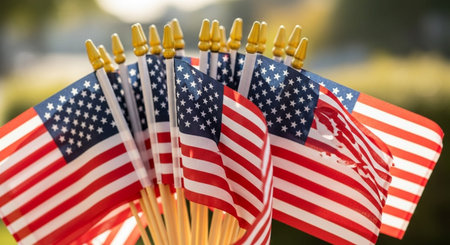 American flags on a blurry background. Close-up. Selective focus.