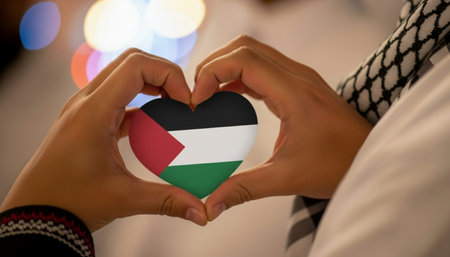 Hands forming a heart shape with Palestine flag on bokeh backgroundの写真素材