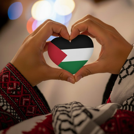Female hands holding a Palestine heart shaped flag on bokeh backgroundの写真素材