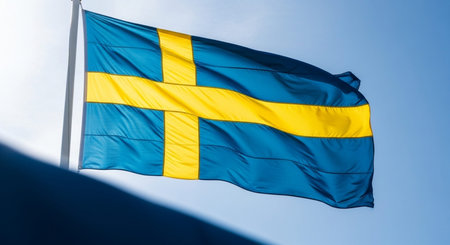 Swedish flag waving in the wind on blue sky background.の写真素材