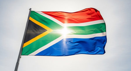 South Africa flag waving in the wind against blue sky with sun raysの写真素材