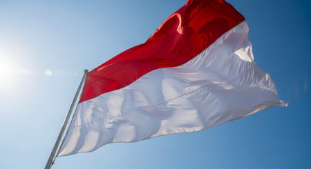 Indonesian flag waving in the wind against the blue sky.の写真素材