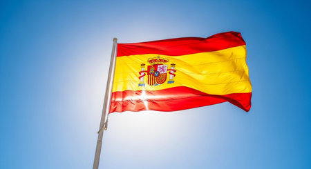 Spanish flag waving in the wind against a blue sky with copy spaceの写真素材
