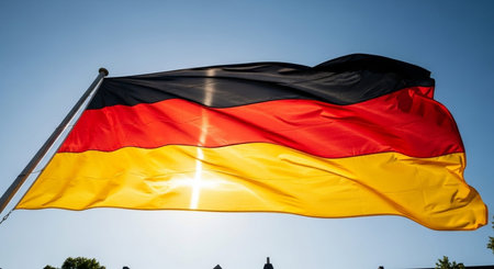 German flag waving in the wind with blue sky in the background.の写真素材