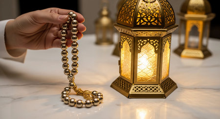Muslim woman holding a rosary beads in front of a lantern