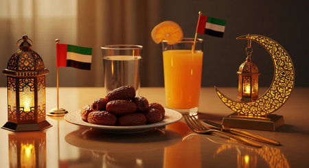 ramadan kareem celebration with dates and glass of orange juice