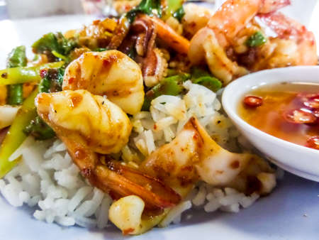 Fried rice red curry with sea food is favorite of top ten thai foodの写真素材