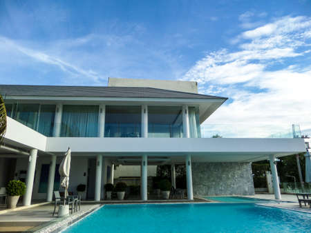 Sport club and swimming pool and blue skyのeditorial素材