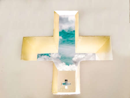 concept-look to the cross wall. God can see you in everywhere, by the way, you will see beautiful nature. Get out to travel hurry up.の写真素材