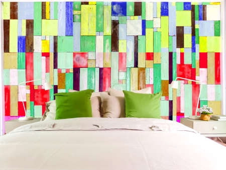 bed room and red tone and multicolor wood pieces verticalの写真素材
