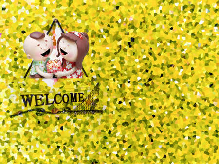 ceramic doll and crystallize of yellow dry leaf tone backgroundの写真素材