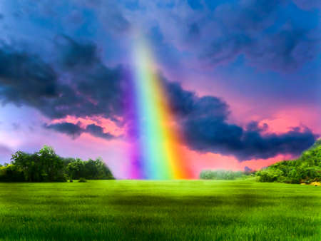 rainbow twilight cloud at field, concept good, lucky, clever, idea, god bless, giftの写真素材