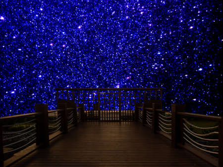 wood bridge dark blue galaxy in the night sky