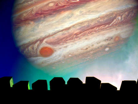 jupiter silhouette of top wall and colorful sky in nightの写真素材