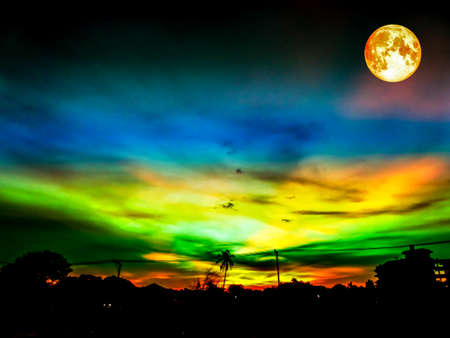 blood moon and last light sunset colorful sky in landfillの写真素材