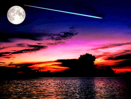 full moon meteor fall from space coloful sky on sea in sunsetの写真素材