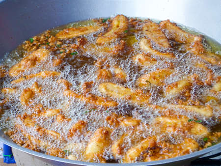 fried banana health food on huge pan dessert for break time