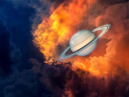 saturn and space on sunset cloud.の写真素材