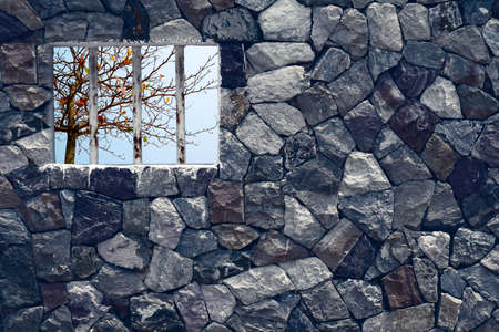 iron metal bar window and granite stone,concept freedom on outsideの写真素材