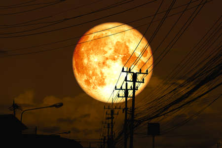 super full blood moon back silhouette power electric line, Elements of this image furnished byの写真素材