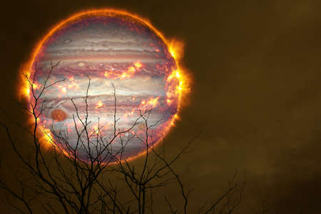 Explosive jupter back silhouette dry tree and night sky