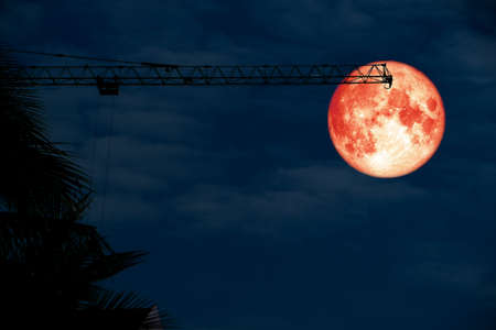 full blood moon back over silhouette crane