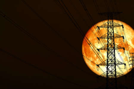 super blood moon back silhouette power electric pole and night red heap cloud on sky
