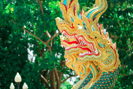 The art of Thai culture, stucco, green Naga decorated by the roof of the church and stairs of the Buddhist templeの写真素材