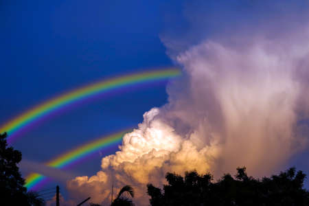 rainbow appears in the sky after the rain and back on sunset cloud over treeの写真素材