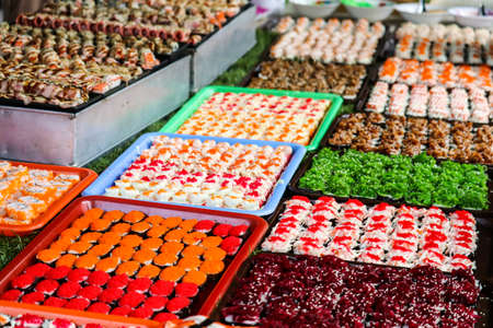 sushi shellfish and shrimp and seafood and wakame sweet egg on street food in pattaya city of...