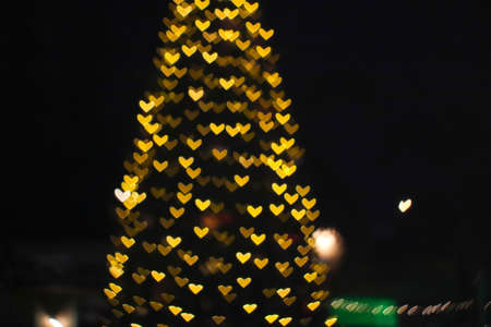 yellow bokeh and blur heart shape love valentine day colorful night light on treeの写真素材
