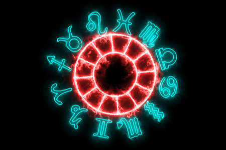 Zodiac twelve sign slow appear on black screen backgroundの写真素材