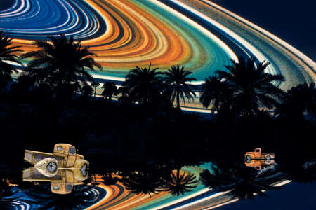 reflection  silhouette dry tree and car in the forest and Saturn ring on night sky,