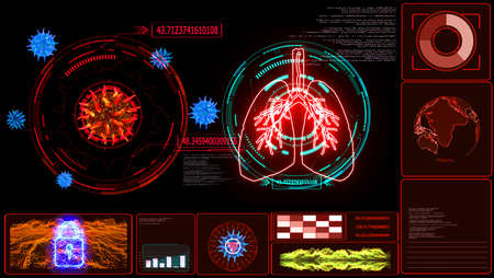 Futuristic technology  research and digital processing data information with graph of COVID 19 virus come back and mutation many country was lock down and red scan ti digital lung monitor red alert tone backgroundの写真素材