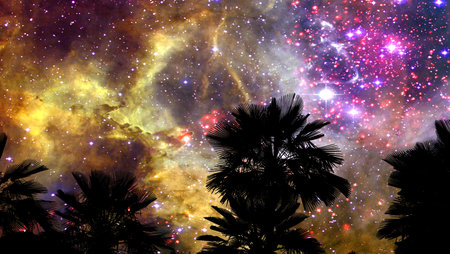 Rosette nebula moving back silhouette gray cloud on night dark sky