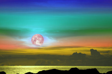 Corn Planting moon and tree on the silhouette mountain on sunset sky