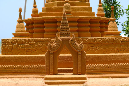 detail of gate of sand pagoda in Songkran festival represents In order to take the sand scraps attached to the feet from the temple to return the temple in the shape of a sand pagodaの写真素材