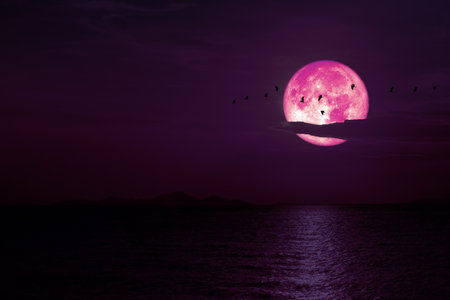 Full Snow pink Moon on night sky back cloud over dark seaの写真素材