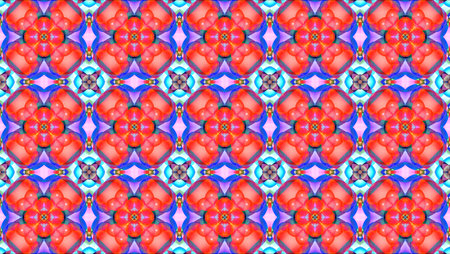 colorful giant flower violet starburst yellow pollen with white eight stars kaleidoscope reflection...