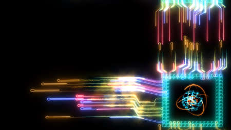 Quantum computer atomic core chip futuristic technology digital layer dimension holographic process and analysis for big data and abstract orange zone polygon backgroundの写真素材