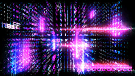 Matrix alphabet dimension vertical and horizental with magenta blue and purple laser abstract light effect falling on black isolatedの写真素材
