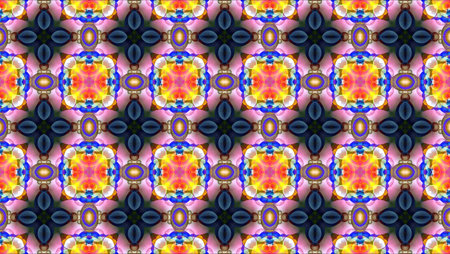 Big red yellow flower with purple leaves and black flower robot head kaleidoscope reflection texture...
