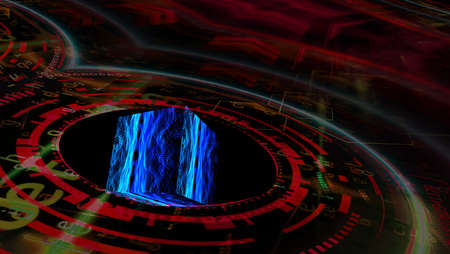 Quantum futuristic technology computer with digital cube reflection abstract dark waveform dot spot...