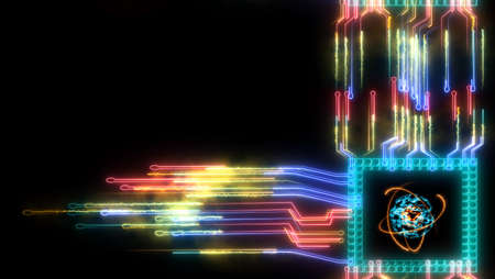 Quantum computer atomic core chip futuristic technology digital layer dimension holographic process and analysis for big data and abstract orange zone polygon backgroundの写真素材