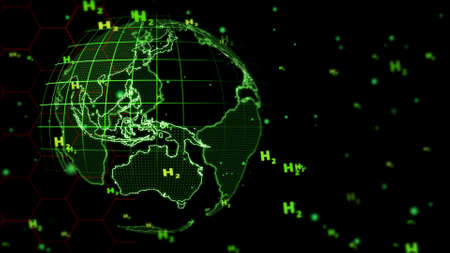 global digital and hexagon and south east asia with bubbles green H2 text on black background,concept green hydrogen clean energy all the worldの写真素材