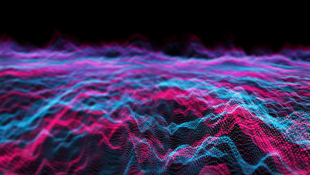 Futuristic abstract line magenta blue element balls waveform oscillation, visualization wave...